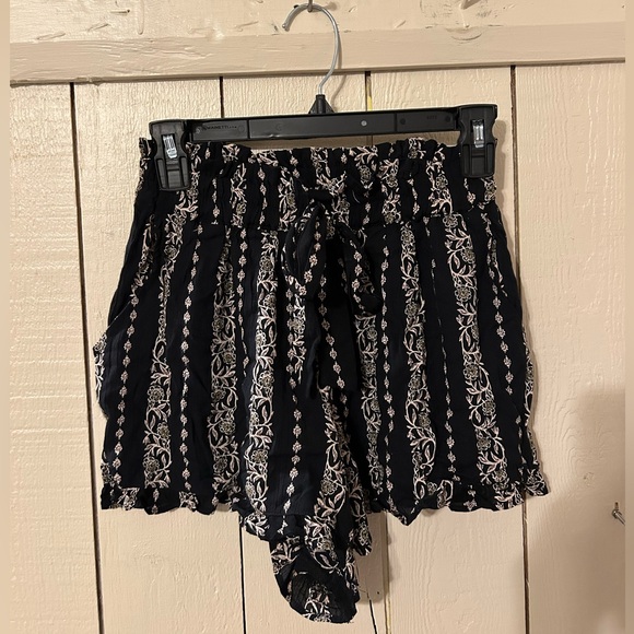 Angie Pants - Angie Black Floral-Stripe High-Waist Drawstring Shorts